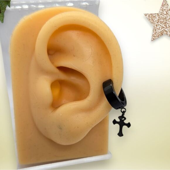 Men's Stainless Steel Cross Huggie Hoop Earring Black Dangle Clip On Jewelry NEW - Picture 2 of 5